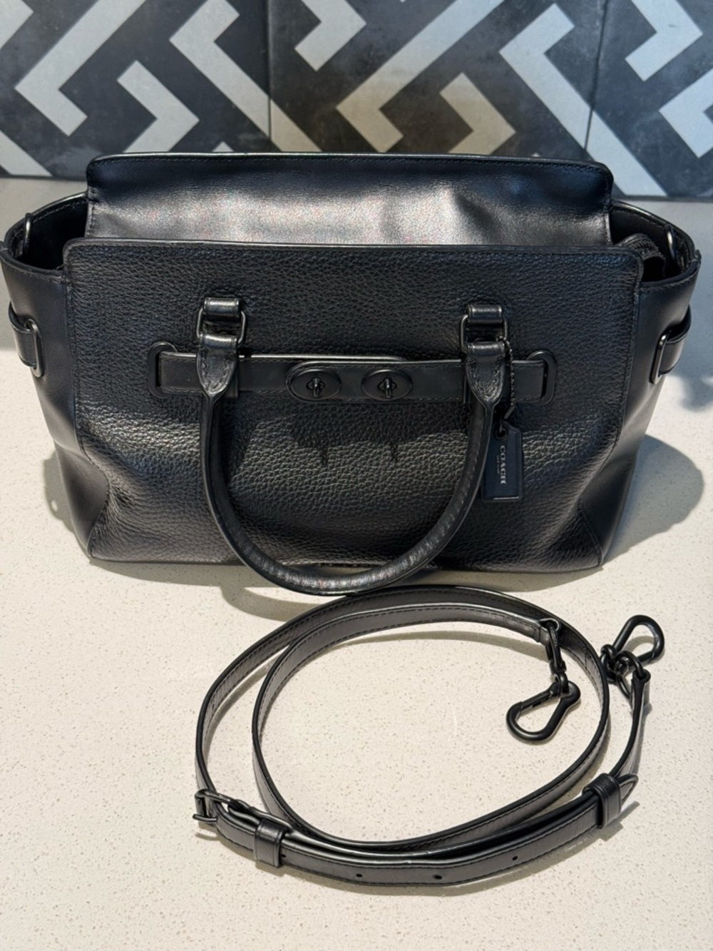 Coach Black Pebbled Leather Satchel with Detachable Strap and Tag